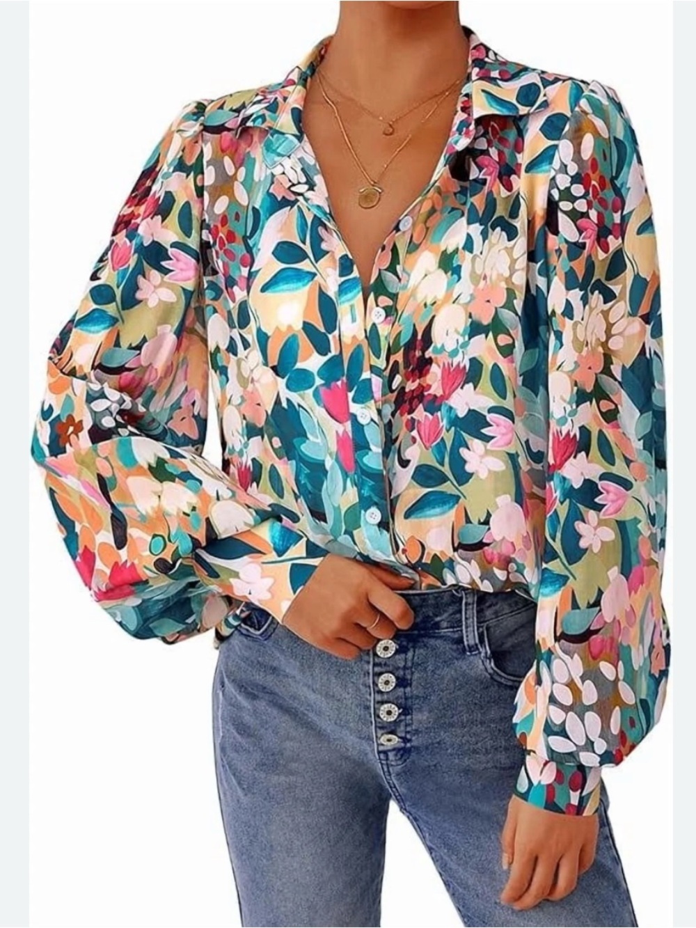PrettyGarden Floral Button-Front Blouse Long Sleeve Multicolor Size Large Sheer